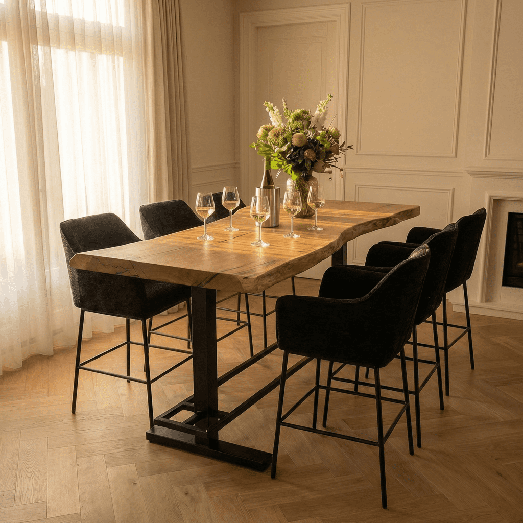Eiken bartafel met epoxy in een woonkamer