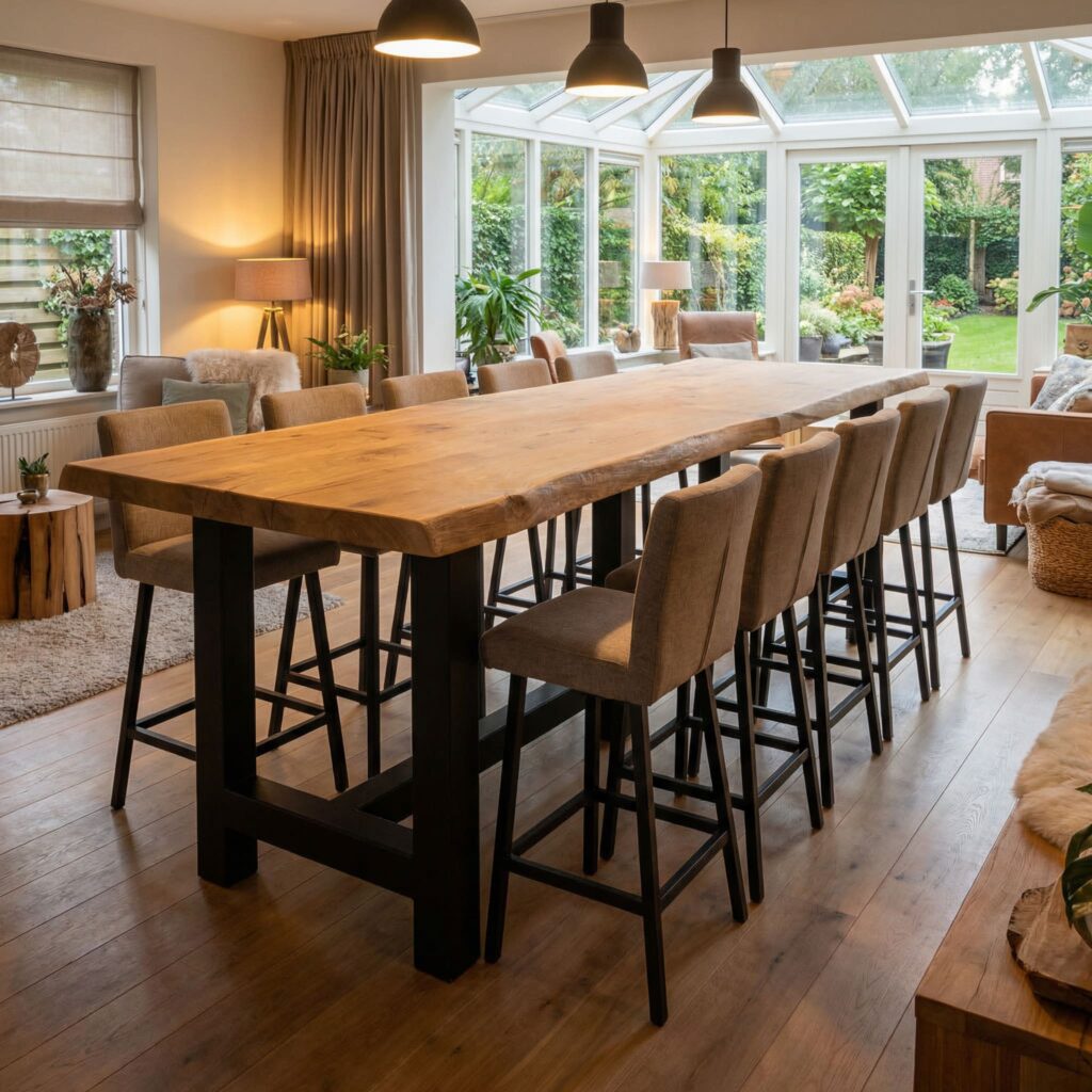 Grote eiken bartafel in een sfeervol interieur