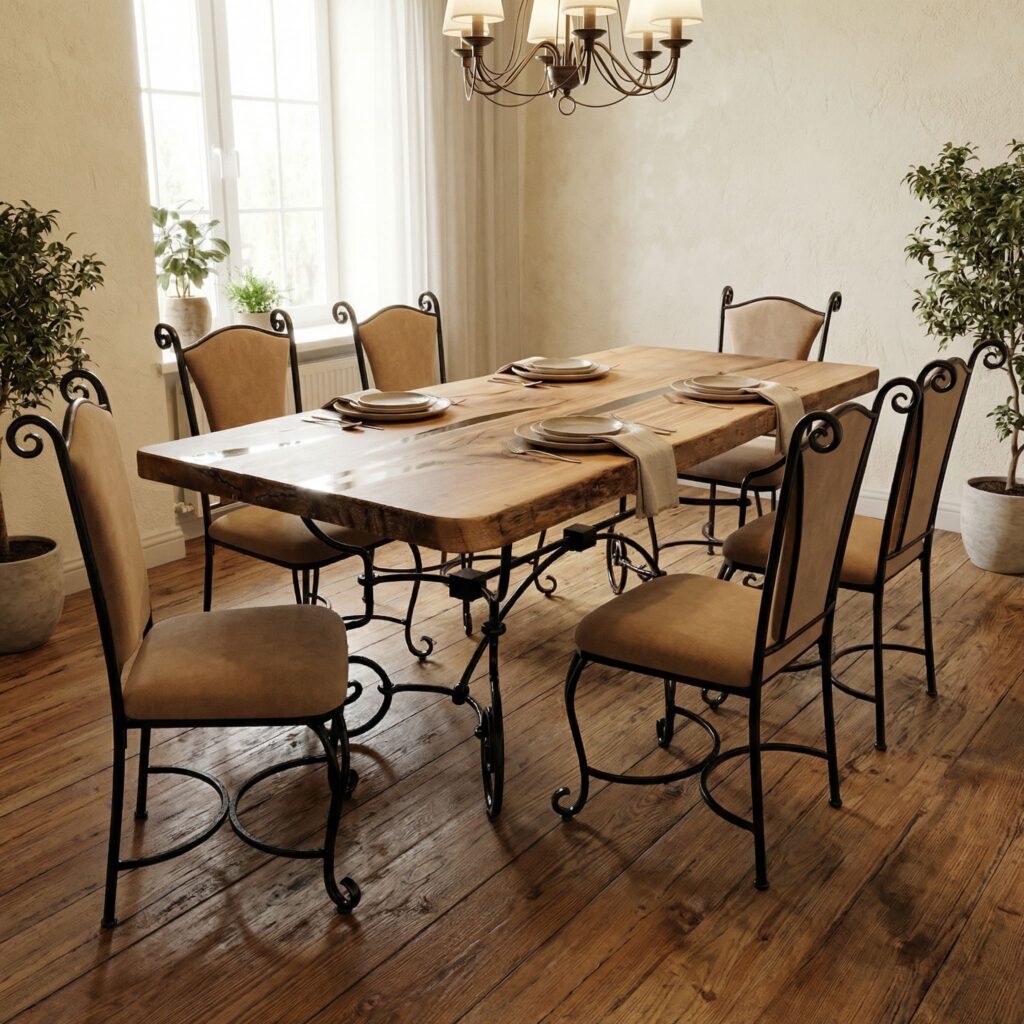 Verzorgde eiken tafel met epoxy in een woonkamer